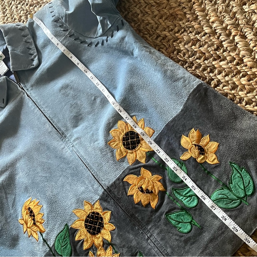 Suede Leather Barn Jacket L Blue Sunflowers Whipstitch Fall Boho Chore Quacker - Picture 14 of 16